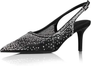 anteikira Women's Pointed Toe Rhinestone Studded Mesh Kitten Heel Slingbacks Slip On Party Wedding Heels High Stiletto Heel Pumps Shoes
