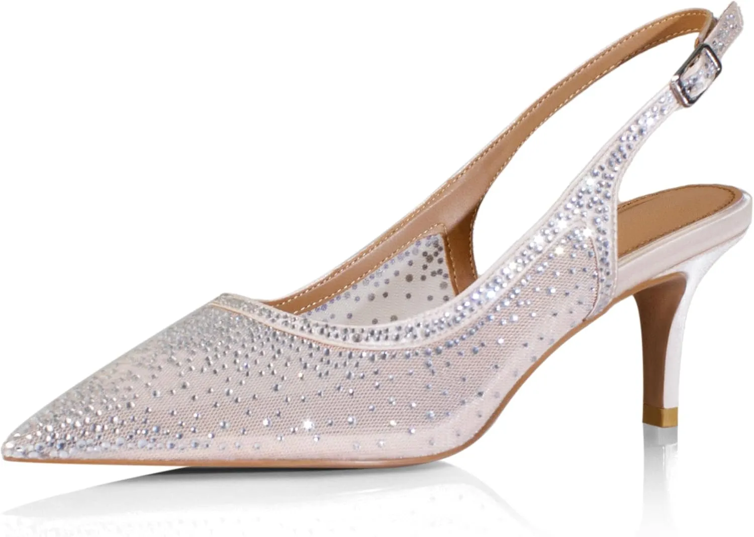 anteikira Women's Pointed Toe Rhinestone Studded Mesh Kitten Heel Slingbacks Slip On Party Wedding Heels High Stiletto Heel Pumps Shoes