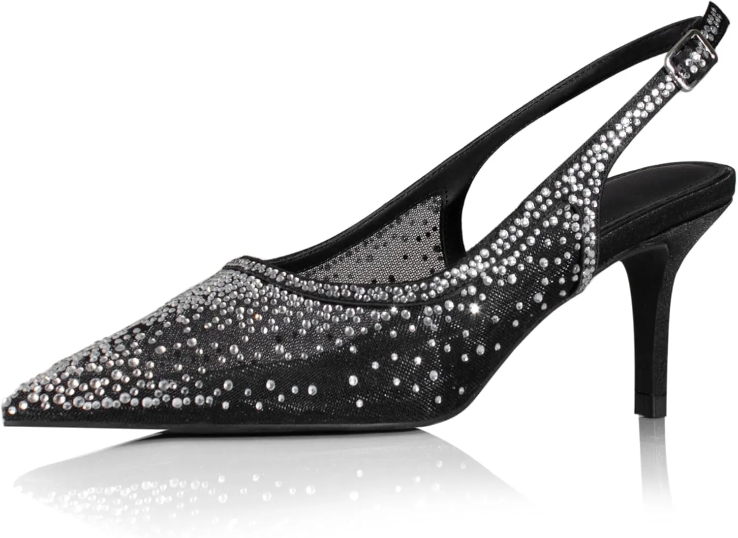 anteikira Women's Pointed Toe Rhinestone Studded Mesh Kitten Heel Slingbacks Slip On Party Wedding Heels High Stiletto Heel Pumps Shoes
