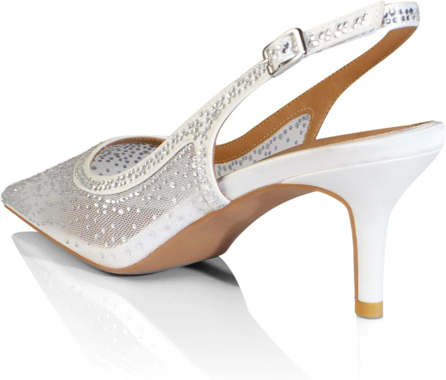 anteikira Women's Pointed Toe Rhinestone Studded Mesh Kitten Heel Slingbacks Slip On Party Wedding Heels High Stiletto Heel Pumps Shoes