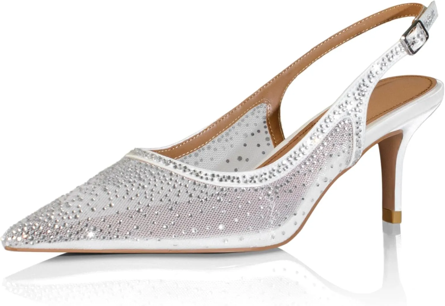 anteikira Women's Pointed Toe Rhinestone Studded Mesh Kitten Heel Slingbacks Slip On Party Wedding Heels High Stiletto Heel Pumps Shoes