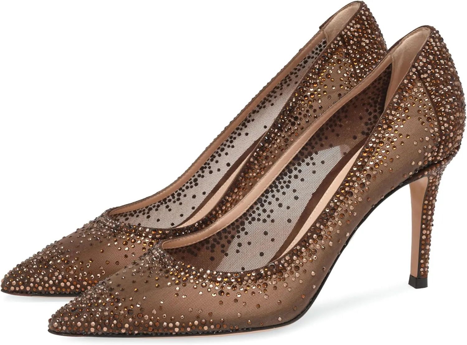 anteikira Women's Pointed Toe Rhinestone Studded Mesh Kitten Heel Slingbacks Slip On Party Wedding Heels High Stiletto Heel Pumps Shoes