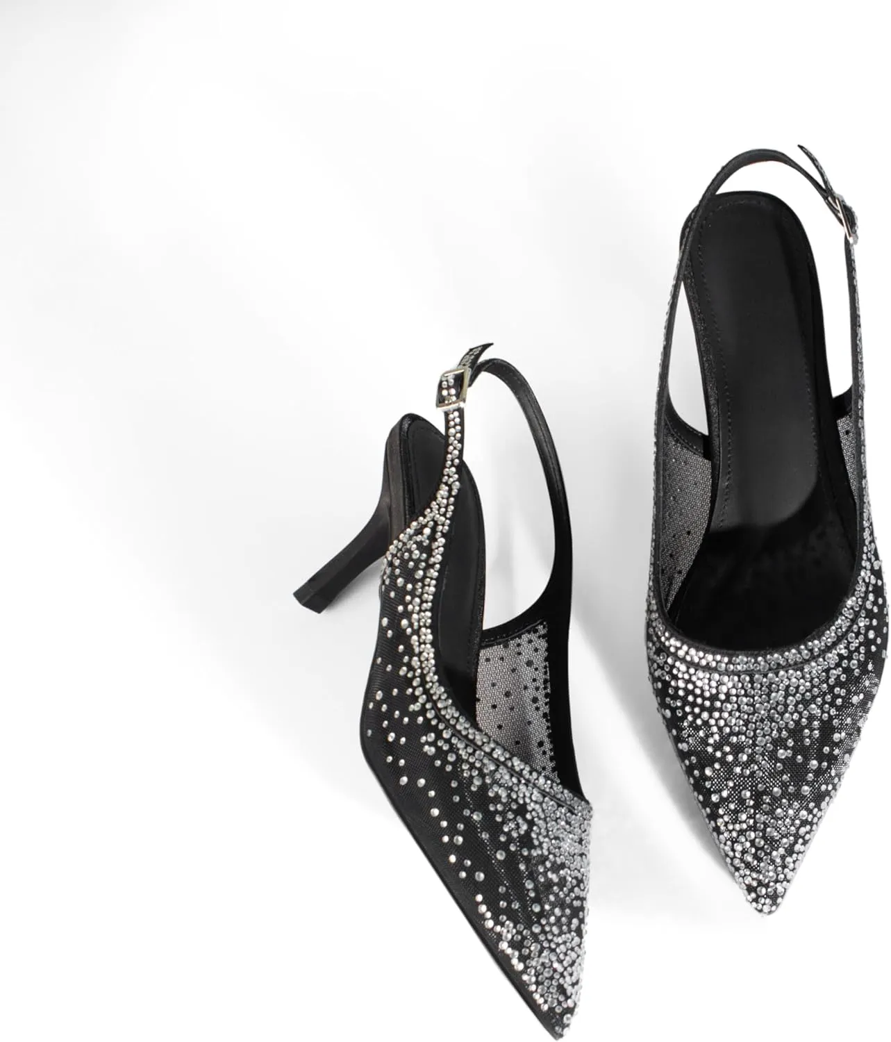 anteikira Women's Pointed Toe Rhinestone Studded Mesh Kitten Heel Slingbacks Slip On Party Wedding Heels High Stiletto Heel Pumps Shoes
