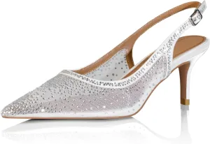 anteikira Women's Pointed Toe Rhinestone Studded Mesh Kitten Heel Slingbacks Slip On Party Wedding Heels High Stiletto Heel Pumps Shoes