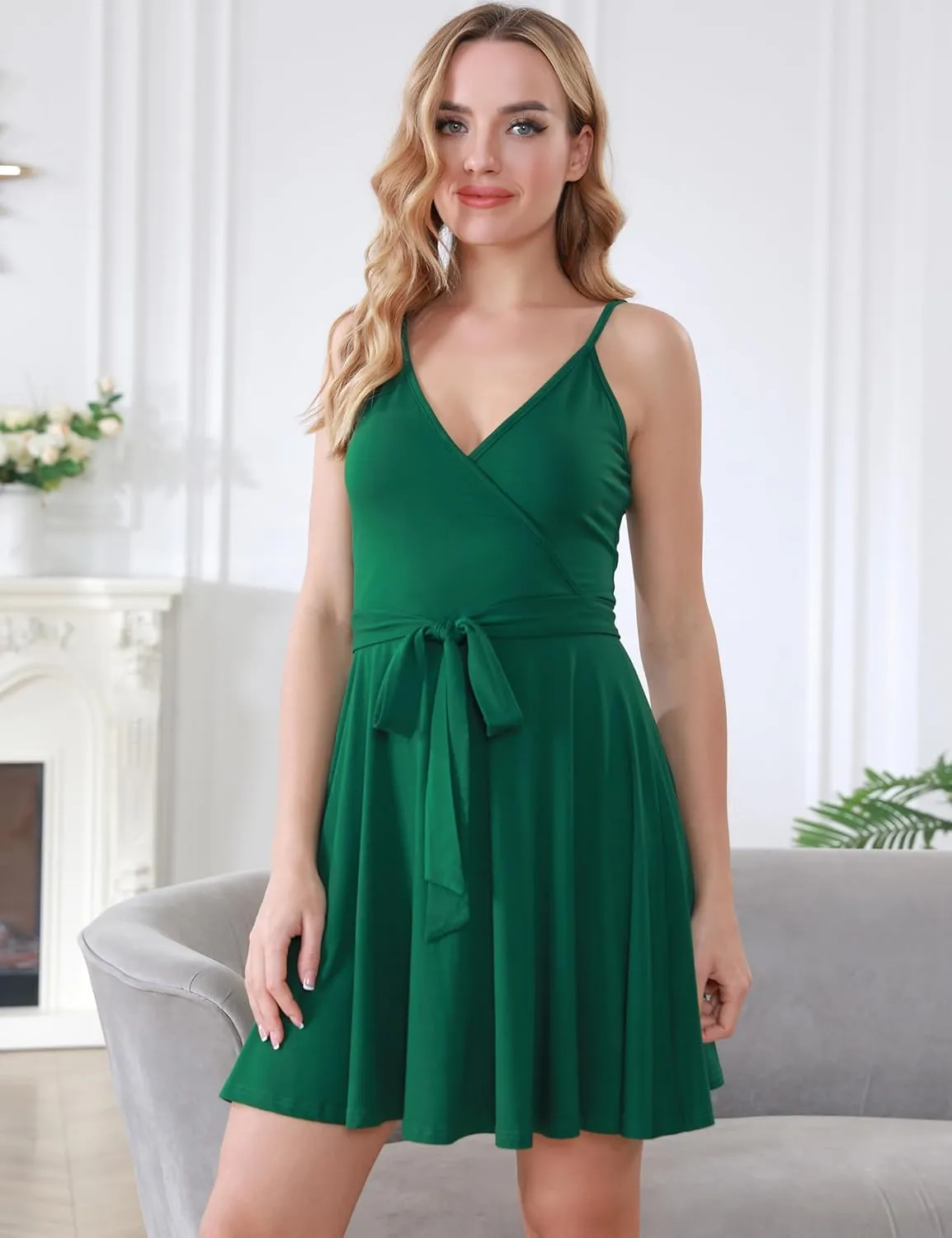 Aphratti Women's Summer Dress Casual Mini Sexy V-Neck Spaghetti Strap Faux Wrap Fit and Flare Short Sundress