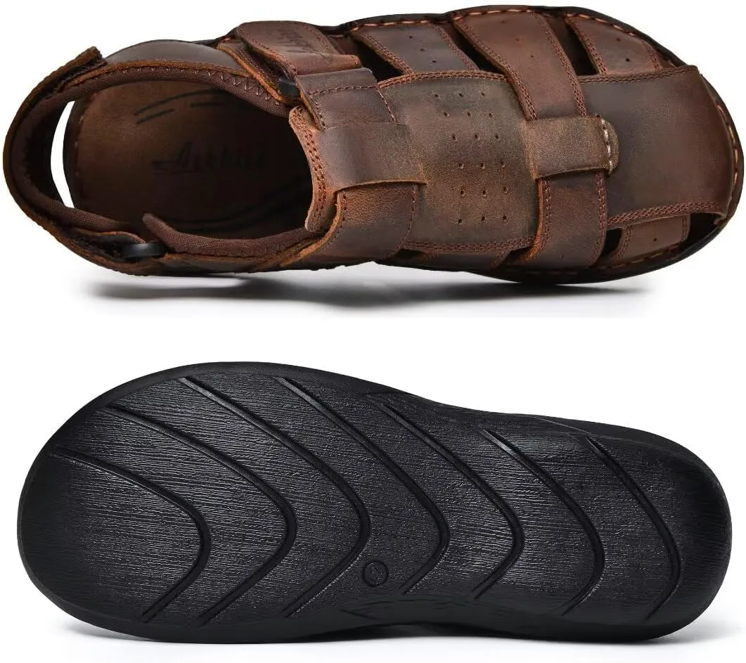 Arkbird Men's Sandals, Closed Toe Leather Fisherman Outdoor Hiking Sport Shoes Summer