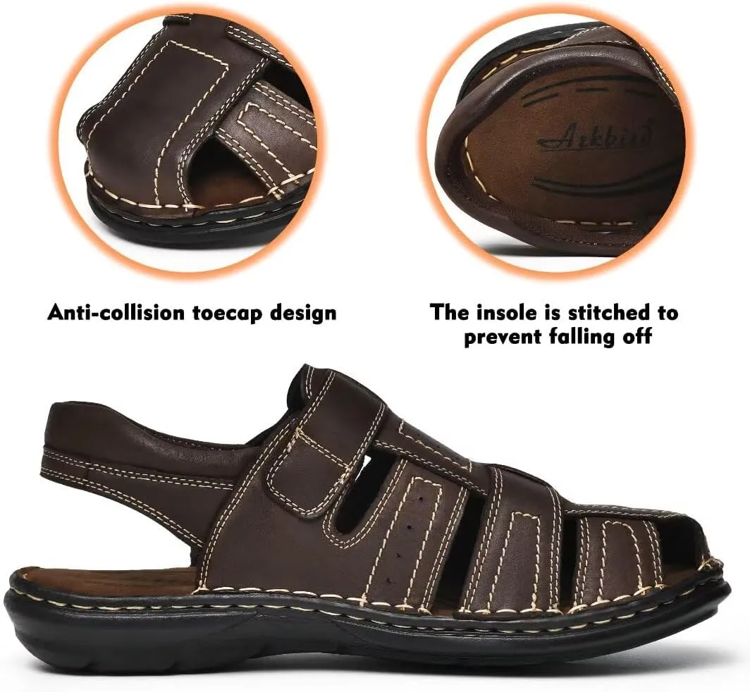 Arkbird Men's Sandals, Closed Toe Leather Fisherman Outdoor Hiking Sport Shoes Summer