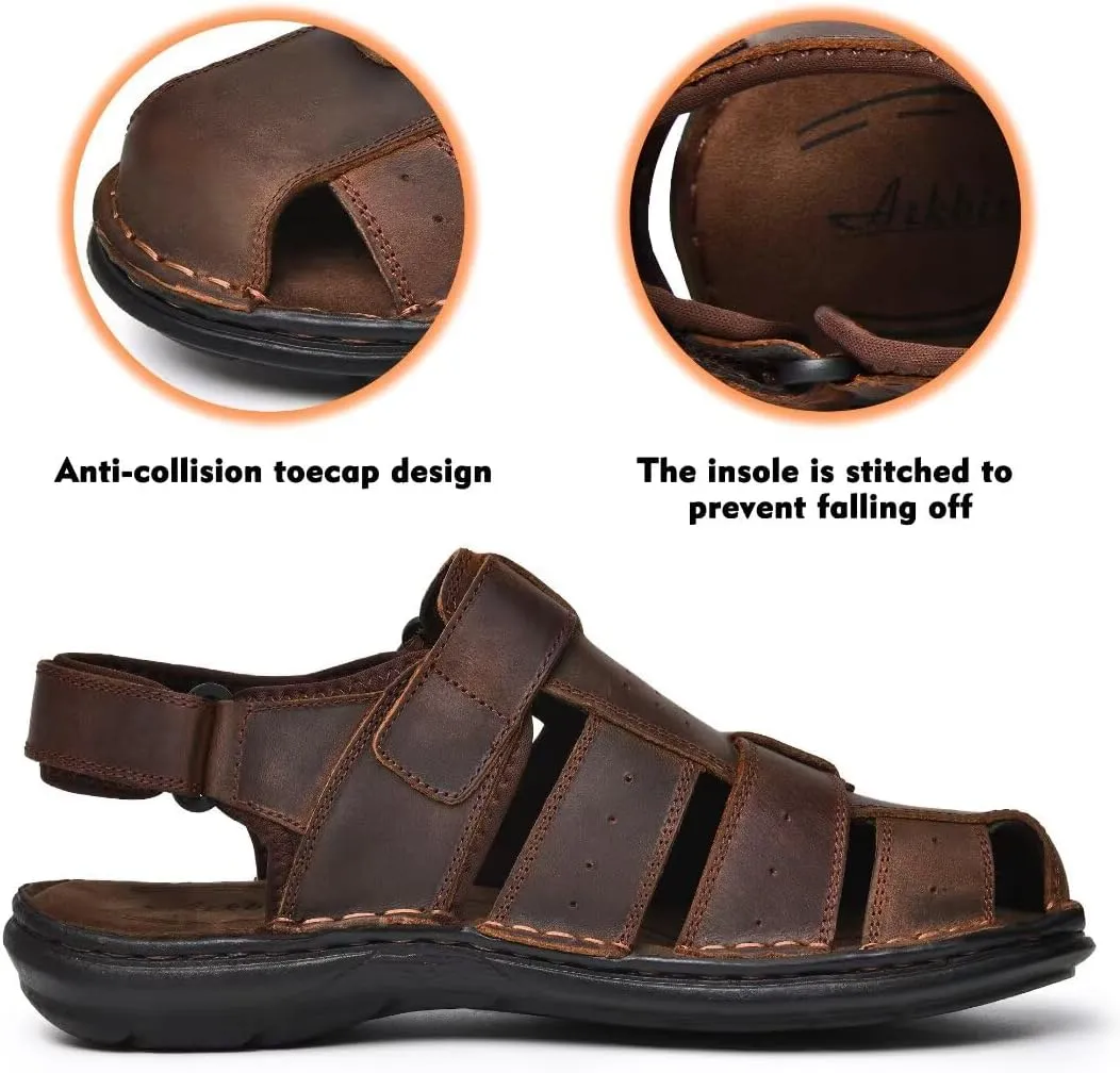 Arkbird Men's Sandals, Closed Toe Leather Fisherman Outdoor Hiking Sport Shoes Summer