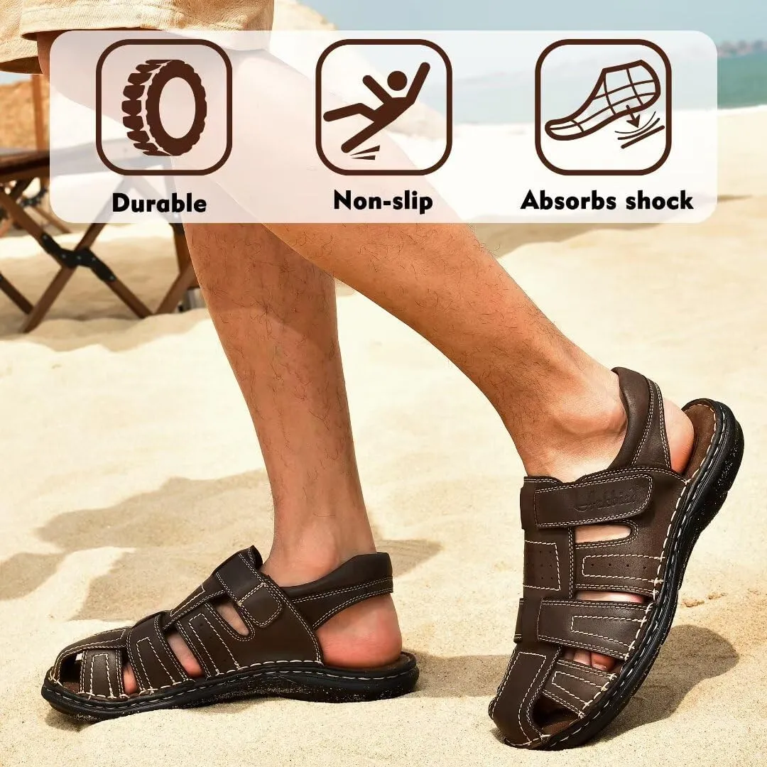 Arkbird Men's Sandals, Closed Toe Leather Fisherman Outdoor Hiking Sport Shoes Summer