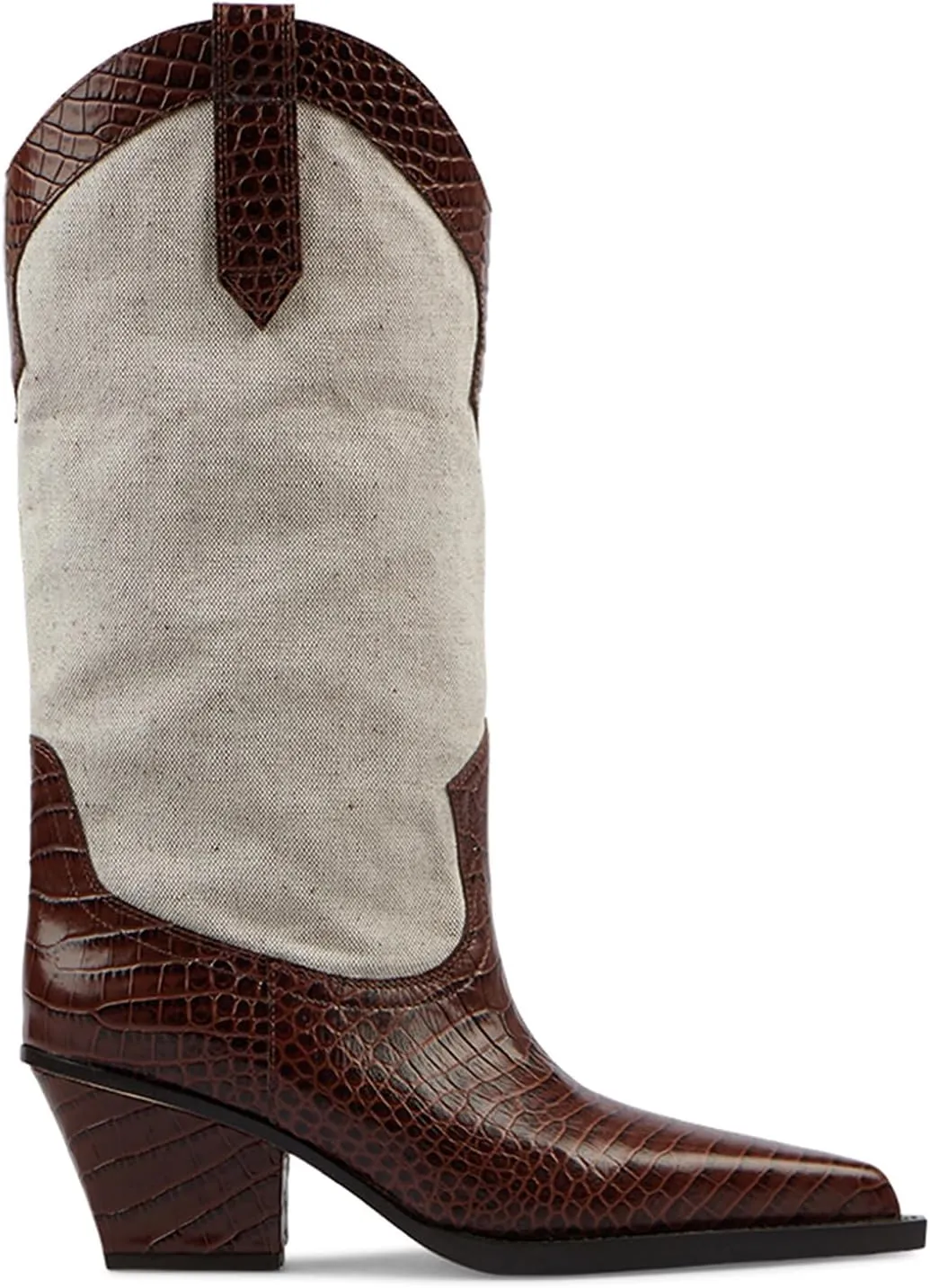Arqa Leather-Trimmed Canvas Western Boots for Women Crafted from Robust Structure Mid-Calf Cowboy Boots Western-Inspired Design with Glossy Croc-Embossed Leather Around the Topline & Toes