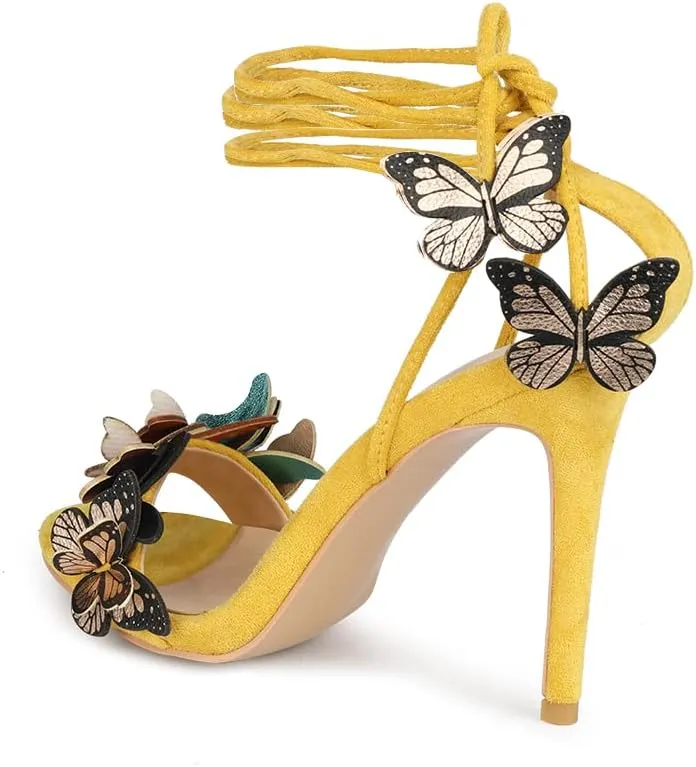 Arqa Strappy Sandals for Women Butterfly Ankle Wrap Stiletto High Heels Open Toe Suede Lace-up Heeled Sandal Wedding Bride Dressy Pumps