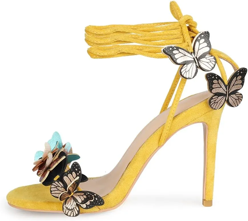 Arqa Strappy Sandals for Women Butterfly Ankle Wrap Stiletto High Heels Open Toe Suede Lace-up Heeled Sandal Wedding Bride Dressy Pumps