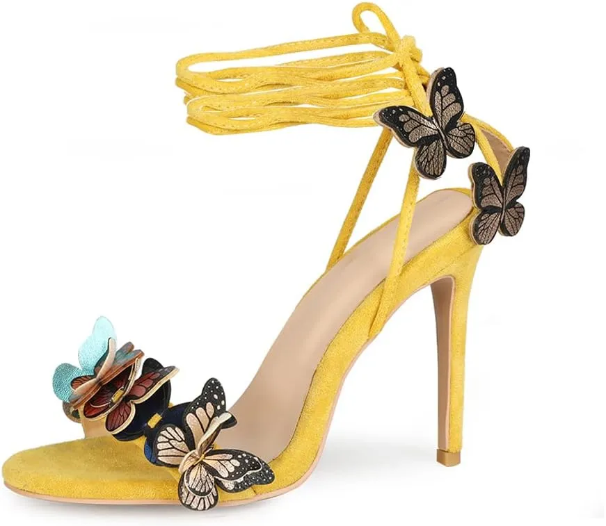 Arqa Strappy Sandals for Women Butterfly Ankle Wrap Stiletto High Heels Open Toe Suede Lace-up Heeled Sandal Wedding Bride Dressy Pumps