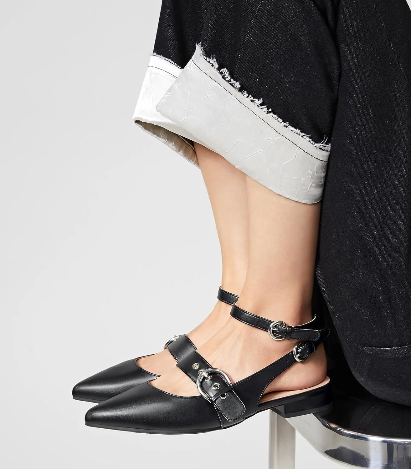 Arromic Slingback Flats for Women Pointed Toe Mary Jane Punk Buckle Ballet Flats with Ankle Strap for Two Wear Comfortable Dressy Shoes
