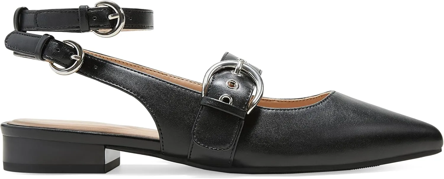 Arromic Slingback Flats for Women Pointed Toe Mary Jane Punk Buckle Ballet Flats with Ankle Strap for Two Wear Comfortable Dressy Shoes