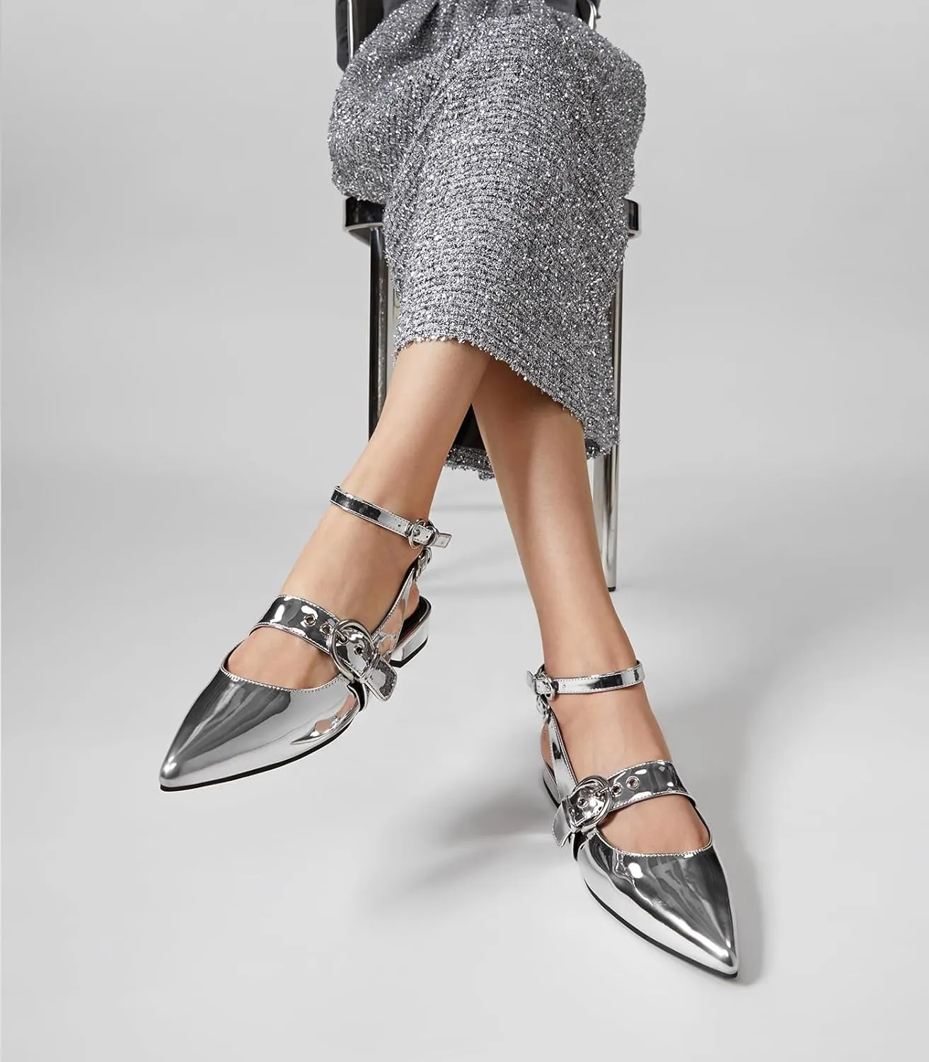 Arromic Slingback Flats for Women Pointed Toe Mary Jane Punk Buckle Ballet Flats with Ankle Strap for Two Wear Comfortable Dressy Shoes