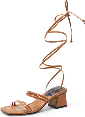 Arromic Women's Strappy Lace Up Heeled Sandals Black Nude White Gold Chunky Strap Heels Square Open Toe Ankle Wrap Block Heel Dressy Party Prom Wedding Shoes