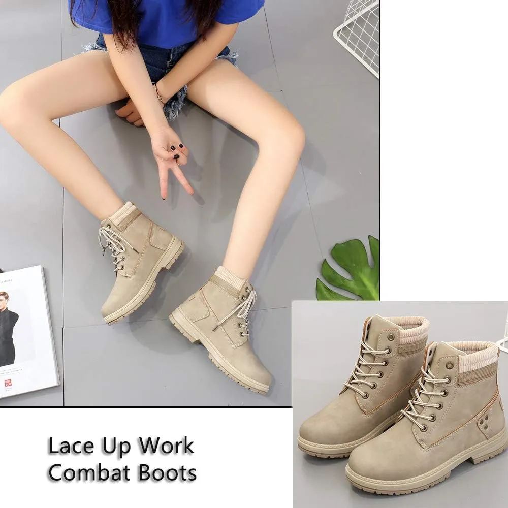 Athlefit Women's Work Waterproof Hiking Combat Boots Lace up Low Heel Booties Ankle Boots
