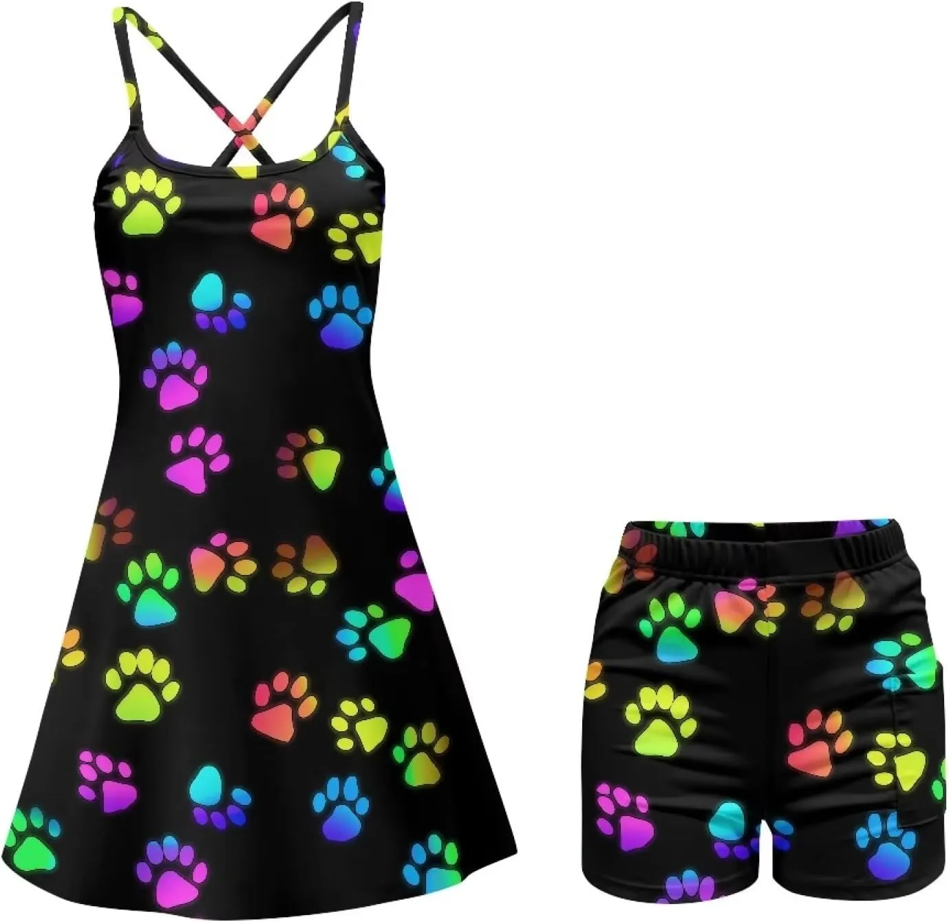 Athletic Dress for Women Tennis Spaghetti Strap Mini Dress with Built-in Shorts 2 Pockets