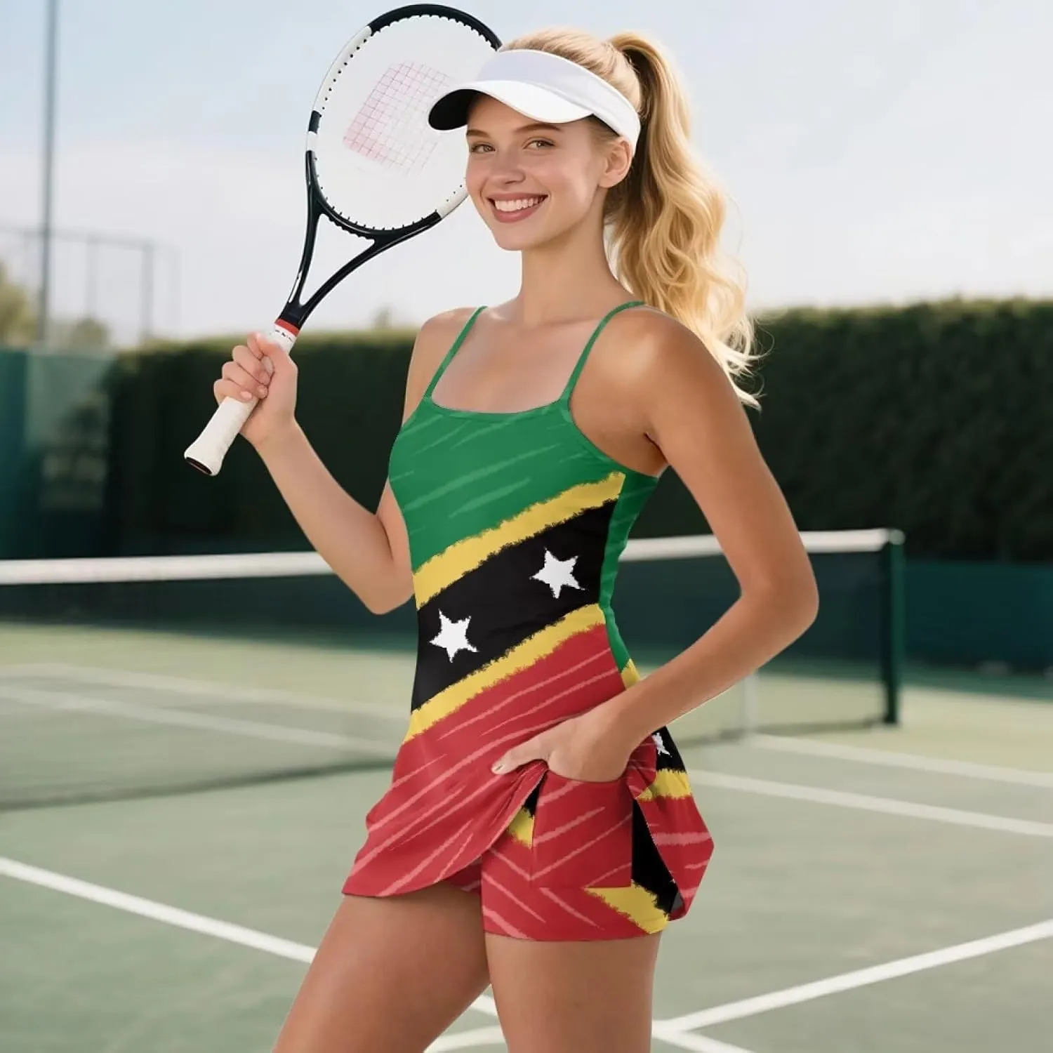 Athletic Dress for Women Tennis Spaghetti Strap Mini Dress with Built-in Shorts 2 Pockets