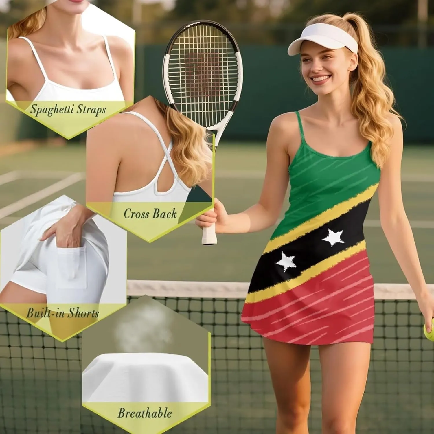 Athletic Dress for Women Tennis Spaghetti Strap Mini Dress with Built-in Shorts 2 Pockets