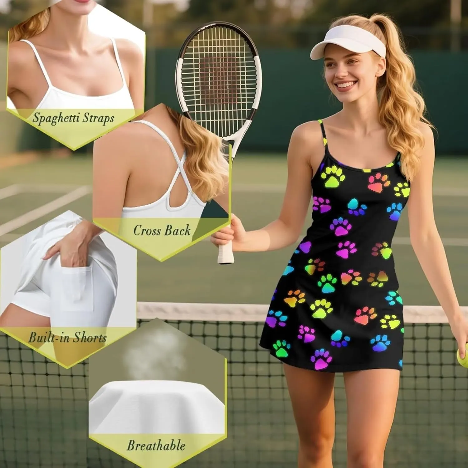 Athletic Dress for Women Tennis Spaghetti Strap Mini Dress with Built-in Shorts 2 Pockets