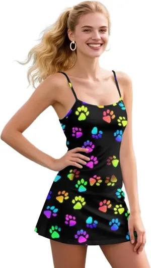 Athletic Dress for Women Tennis Spaghetti Strap Mini Dress with Built-in Shorts 2 Pockets