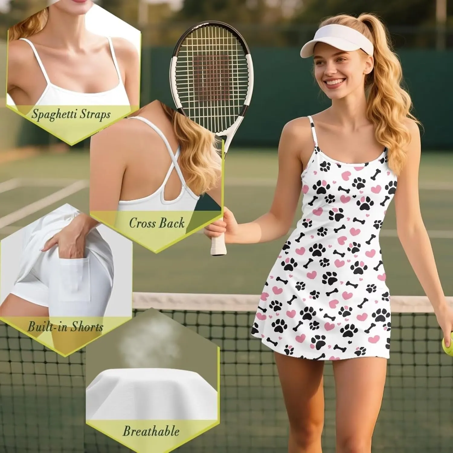 Athletic Dress for Women Tennis Spaghetti Strap Mini Dress with Built-in Shorts Casual Sports Activewear