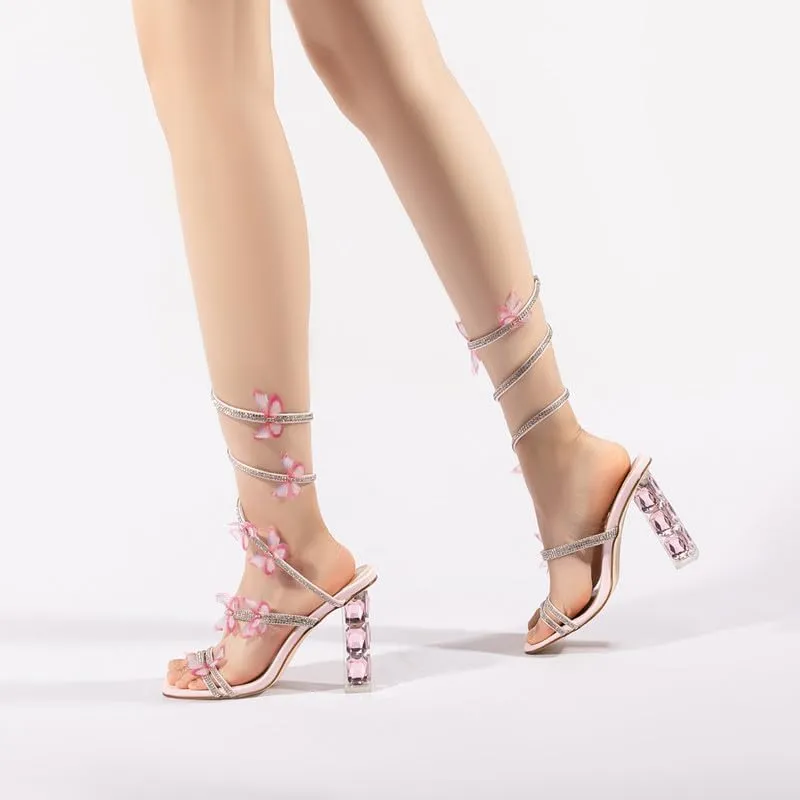 Atuelang Clear Rhinestone Butterfly Heels Diamond Spiral Wrap Up Flower Heels Transparent Chunky Heel Sandals