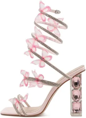 Atuelang Clear Rhinestone Butterfly Heels Diamond Spiral Wrap Up Flower Heels Transparent Chunky Heel Sandals