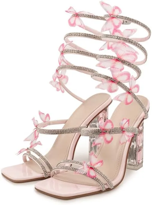 Atuelang Clear Rhinestone Butterfly Heels Diamond Spiral Wrap Up Flower Heels Transparent Chunky Heel Sandals