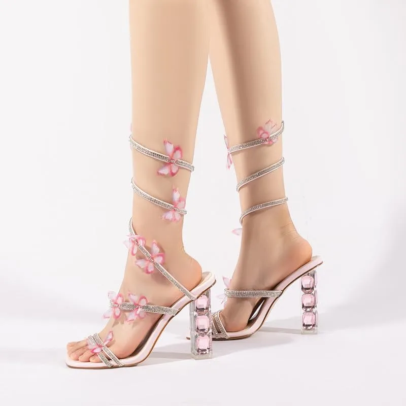 Atuelang Clear Rhinestone Butterfly Heels Diamond Spiral Wrap Up Flower Heels Transparent Chunky Heel Sandals