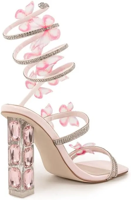 Atuelang Clear Rhinestone Butterfly Heels Diamond Spiral Wrap Up Flower Heels Transparent Chunky Heel Sandals