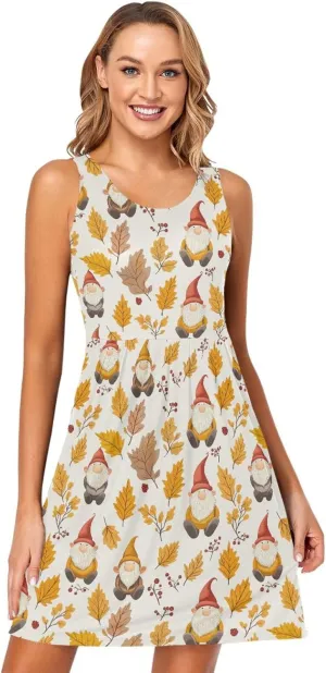 Autumn Gnomes Yellow Leaves Berries Vintage Women's Dresses Loose A-Line Beach Flowy Sundress Crewneck