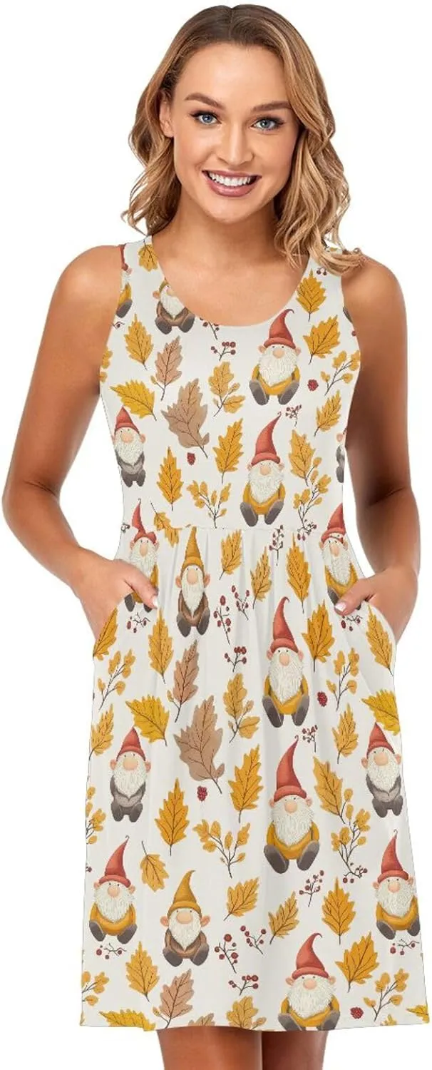 Autumn Gnomes Yellow Leaves Berries Vintage Women's Dresses Loose A-Line Beach Flowy Sundress Crewneck