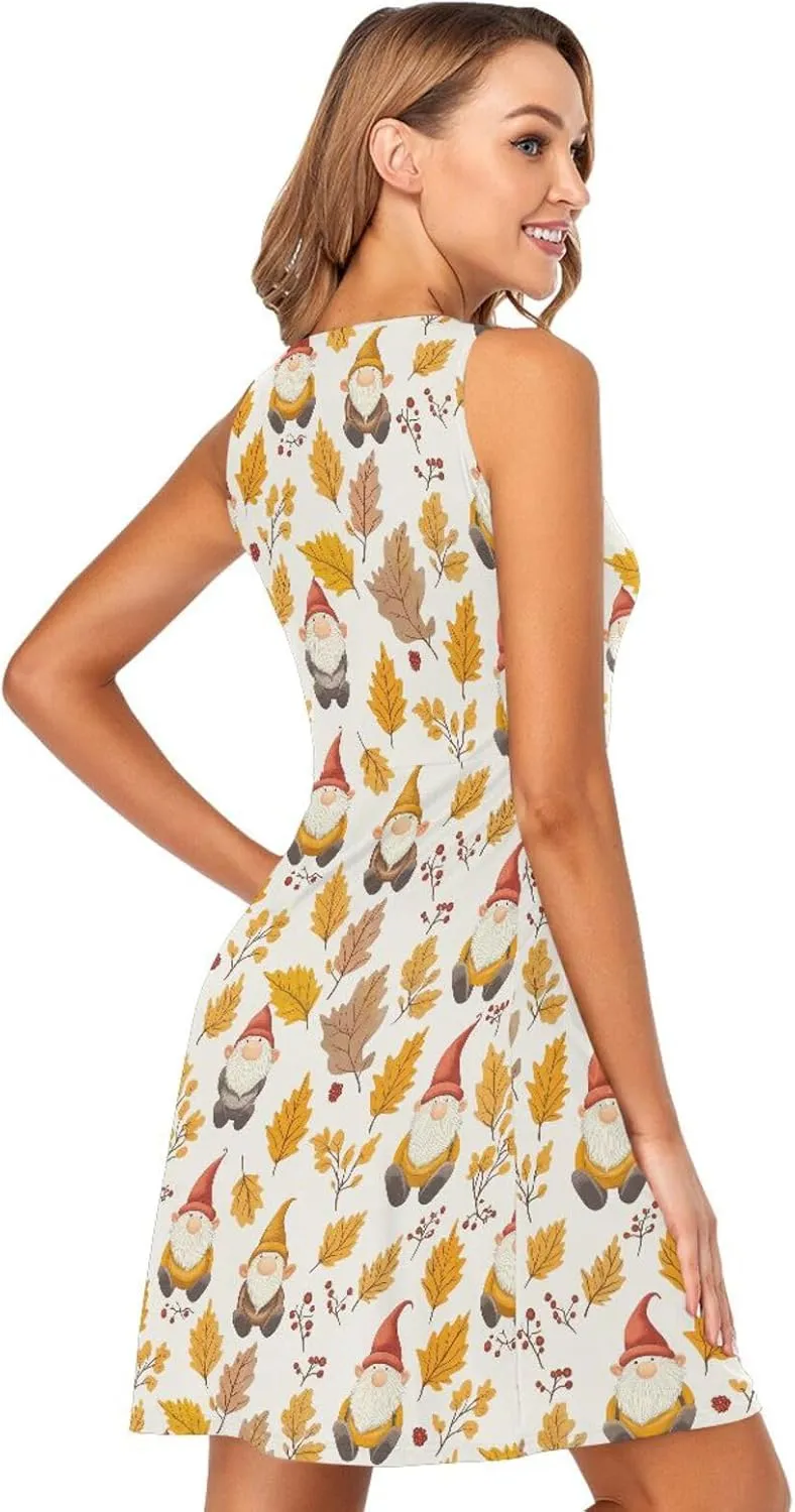 Autumn Gnomes Yellow Leaves Berries Vintage Women's Dresses Loose A-Line Beach Flowy Sundress Crewneck