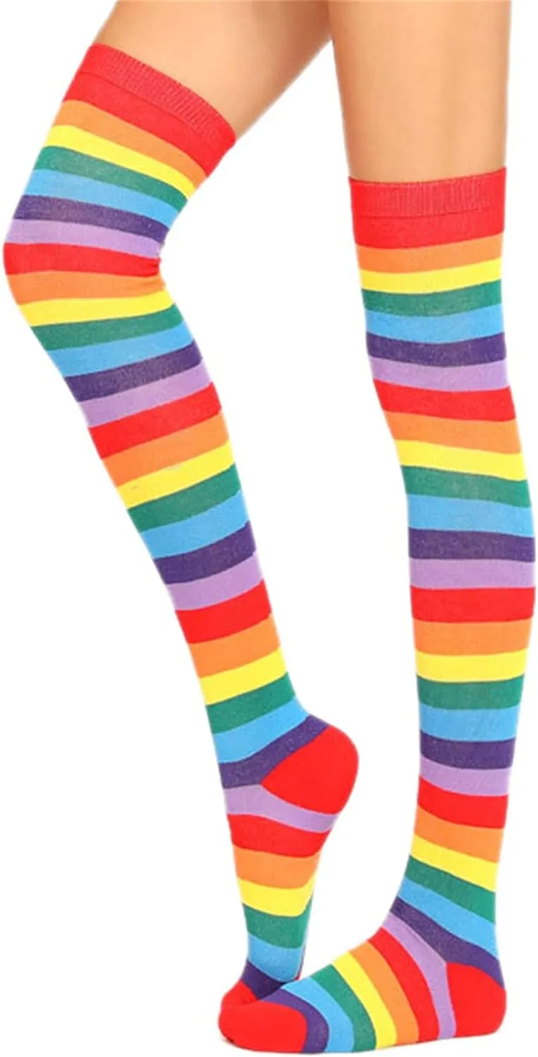 Awlsyj 6 Pair Rainbow Stripes Knee High Socks Long Thigh Socks Halloween Witch Cosplay Stocking Women Girls