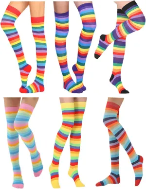 Awlsyj 6 Pair Rainbow Stripes Knee High Socks Long Thigh Socks Halloween Witch Cosplay Stocking Women Girls