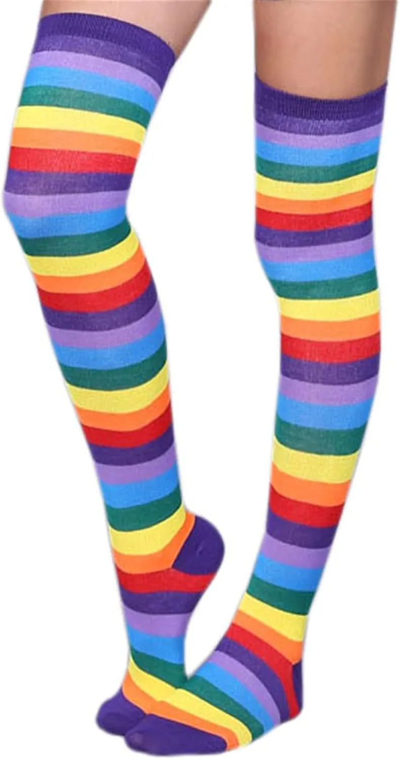 Awlsyj 6 Pair Rainbow Stripes Knee High Socks Long Thigh Socks Halloween Witch Cosplay Stocking Women Girls
