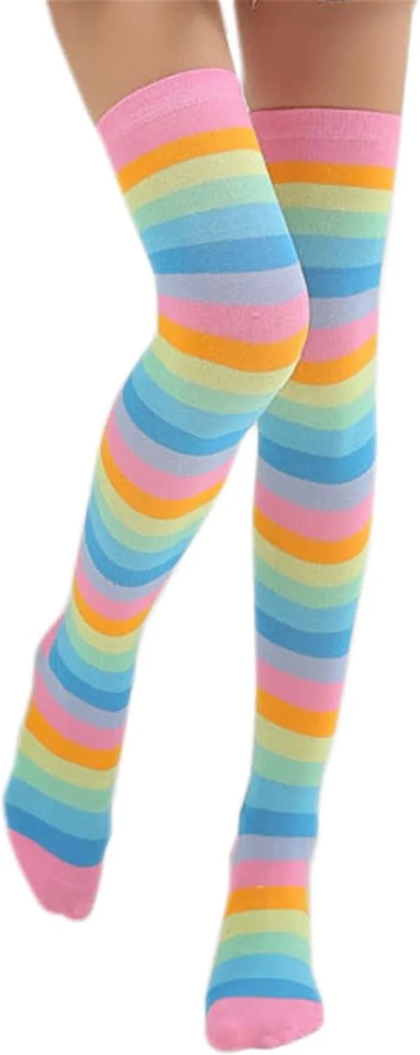 Awlsyj 6 Pair Rainbow Stripes Knee High Socks Long Thigh Socks Halloween Witch Cosplay Stocking Women Girls