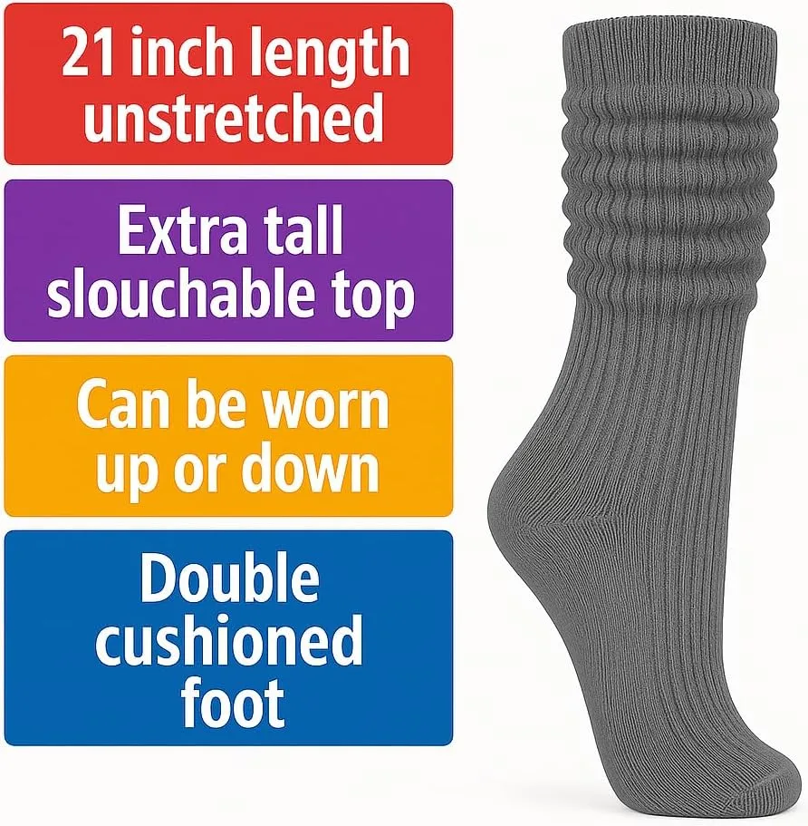 AWS/American Made Women’s Slouch Socks Cotton Slouchy Knee-High Boot Socks Scrunch Breathable Extra Long All-Season Comfort