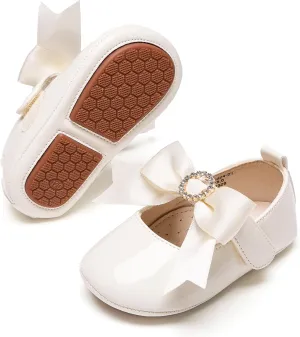 Baby Girls Mary Jane Flats - Infant Newborn Walking Shoes Soft Rubber Sole Princess Wedding