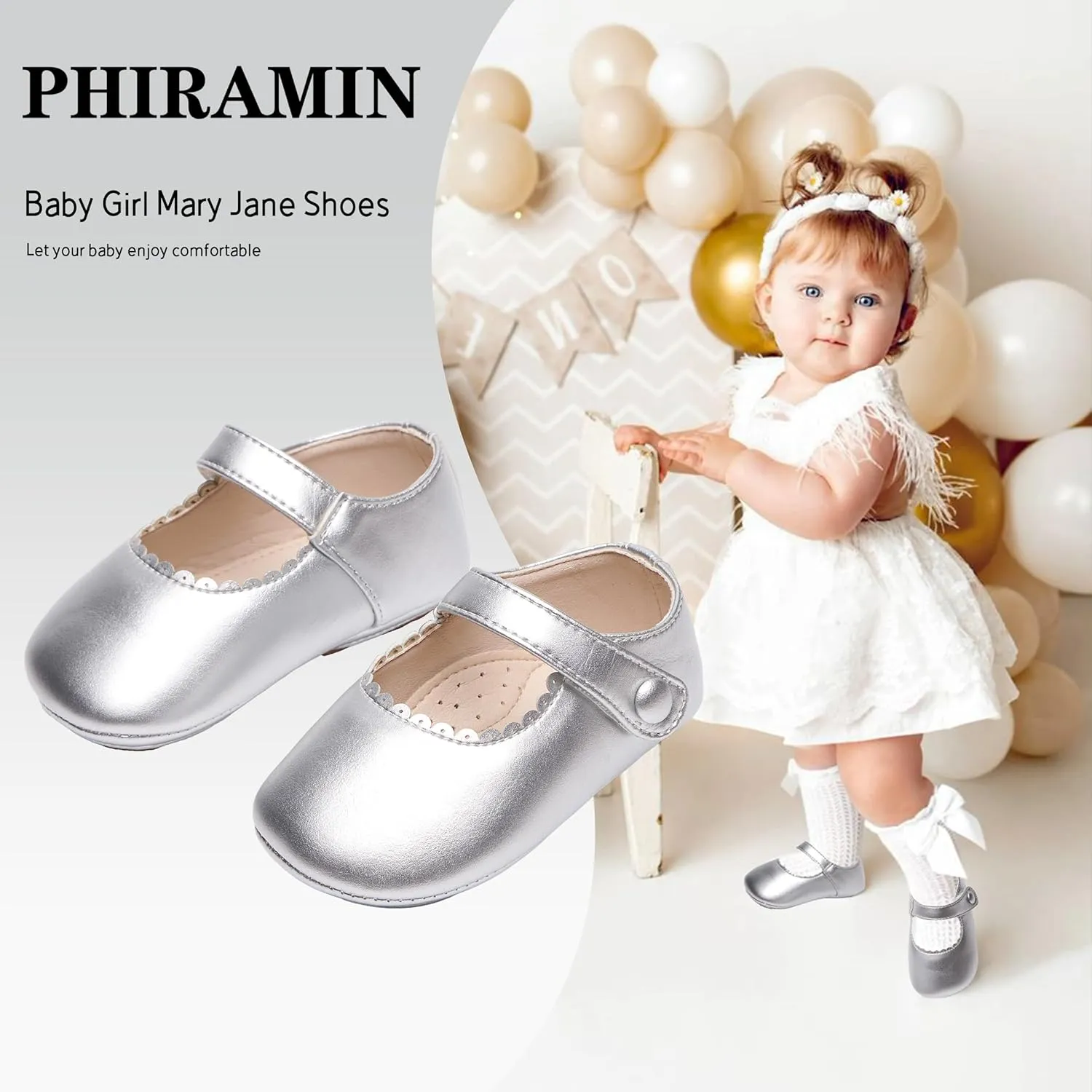 Baby Girls Mary Jane Flats - Infant Newborn Walking Shoes Soft Rubber Sole Princess Wedding