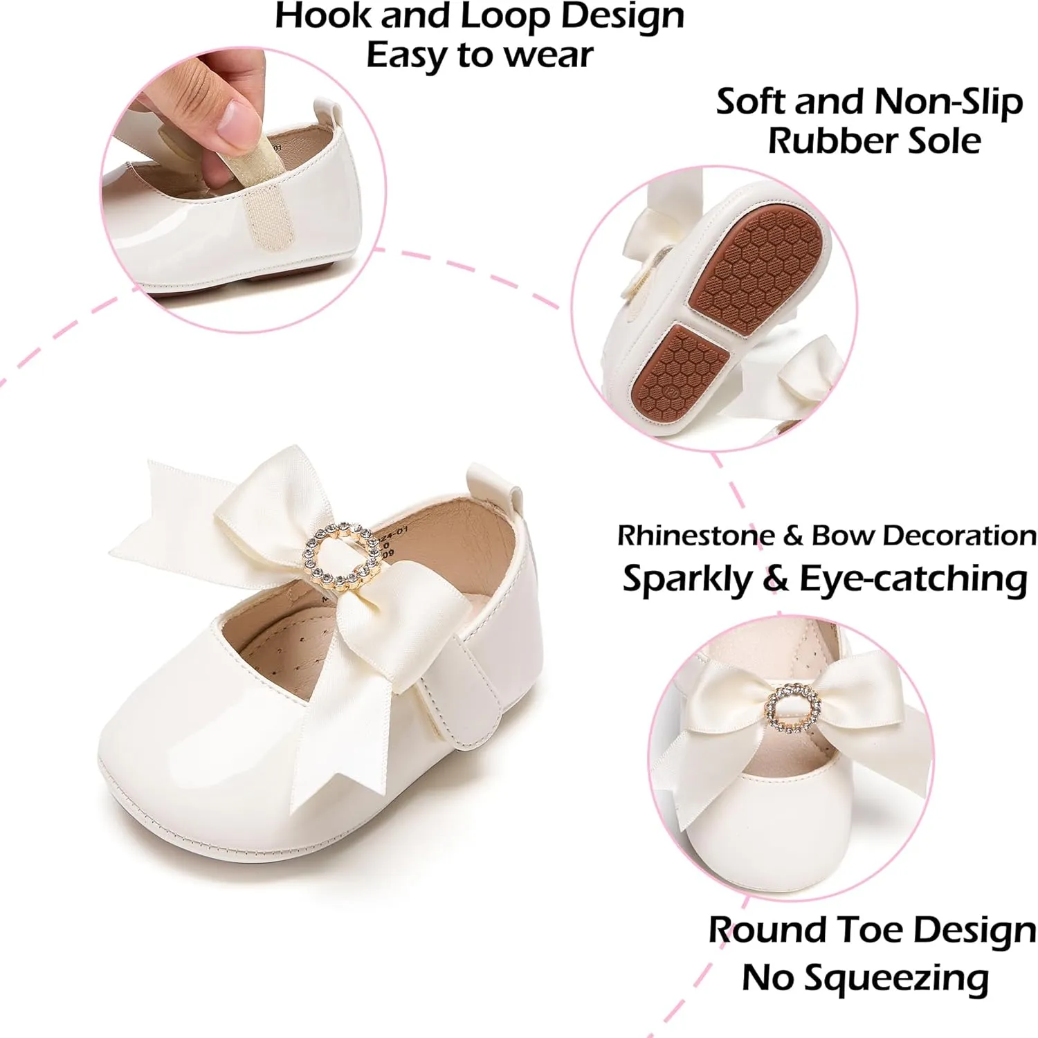 Baby Girls Mary Jane Flats - Infant Newborn Walking Shoes Soft Rubber Sole Princess Wedding