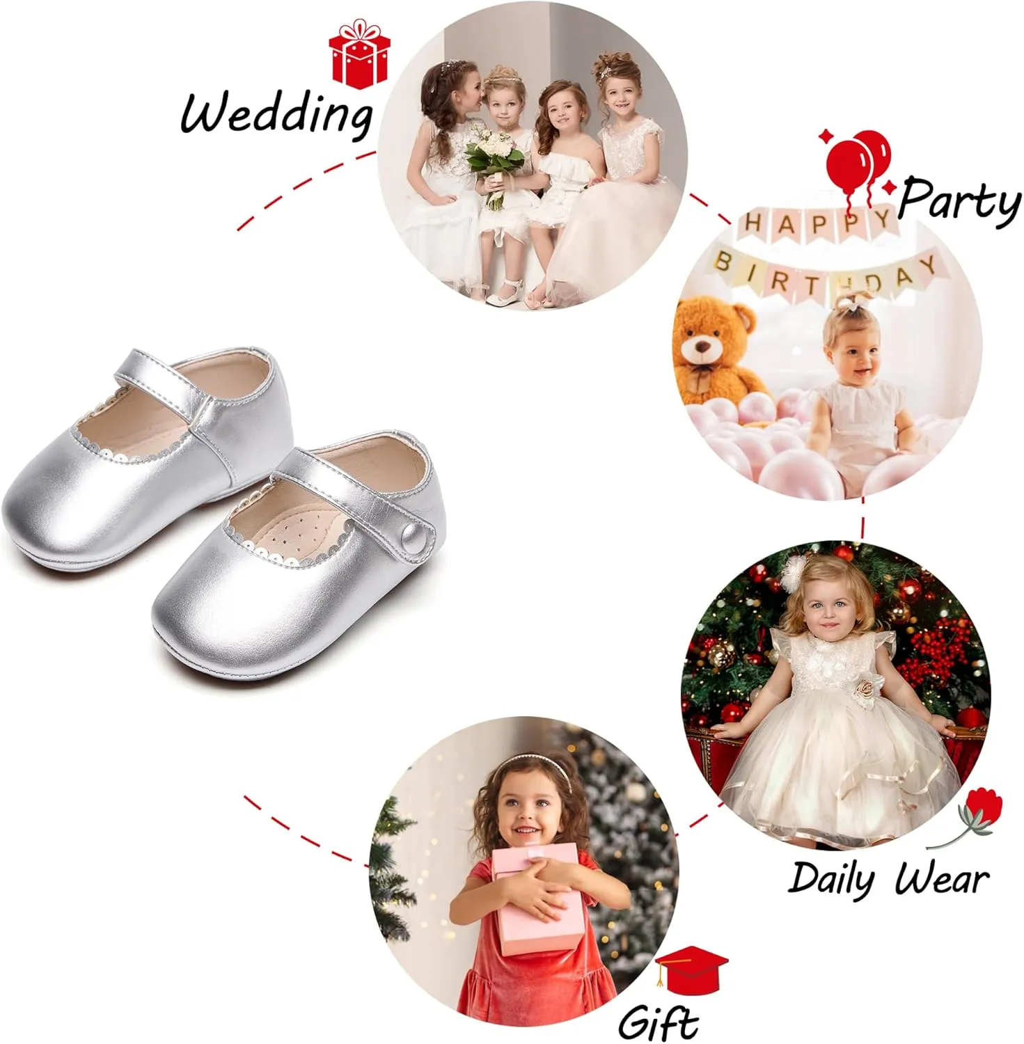 Baby Girls Mary Jane Flats - Infant Newborn Walking Shoes Soft Rubber Sole Princess Wedding