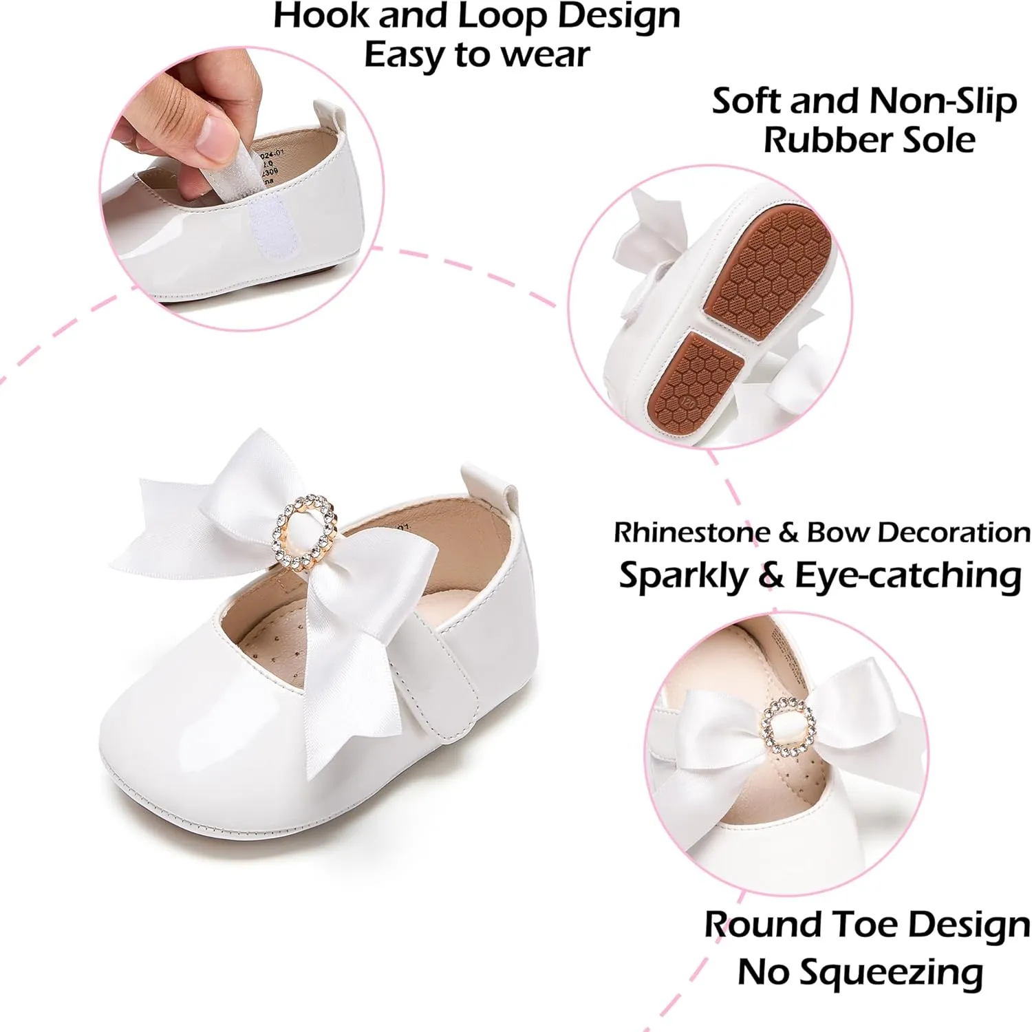 Baby Girls Mary Jane Flats - Infant Newborn Walking Shoes Soft Rubber Sole Princess Wedding