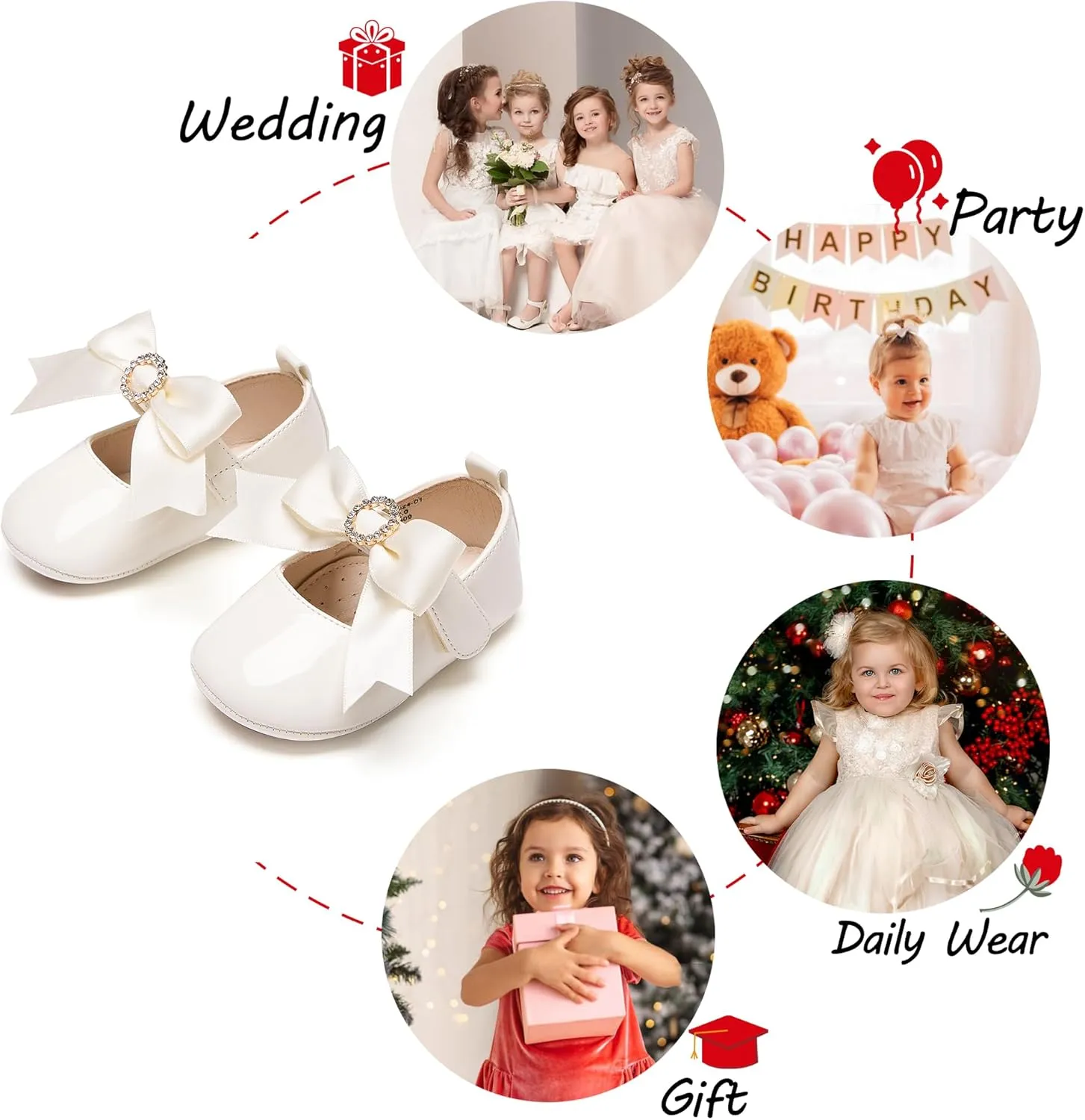 Baby Girls Mary Jane Flats - Infant Newborn Walking Shoes Soft Rubber Sole Princess Wedding