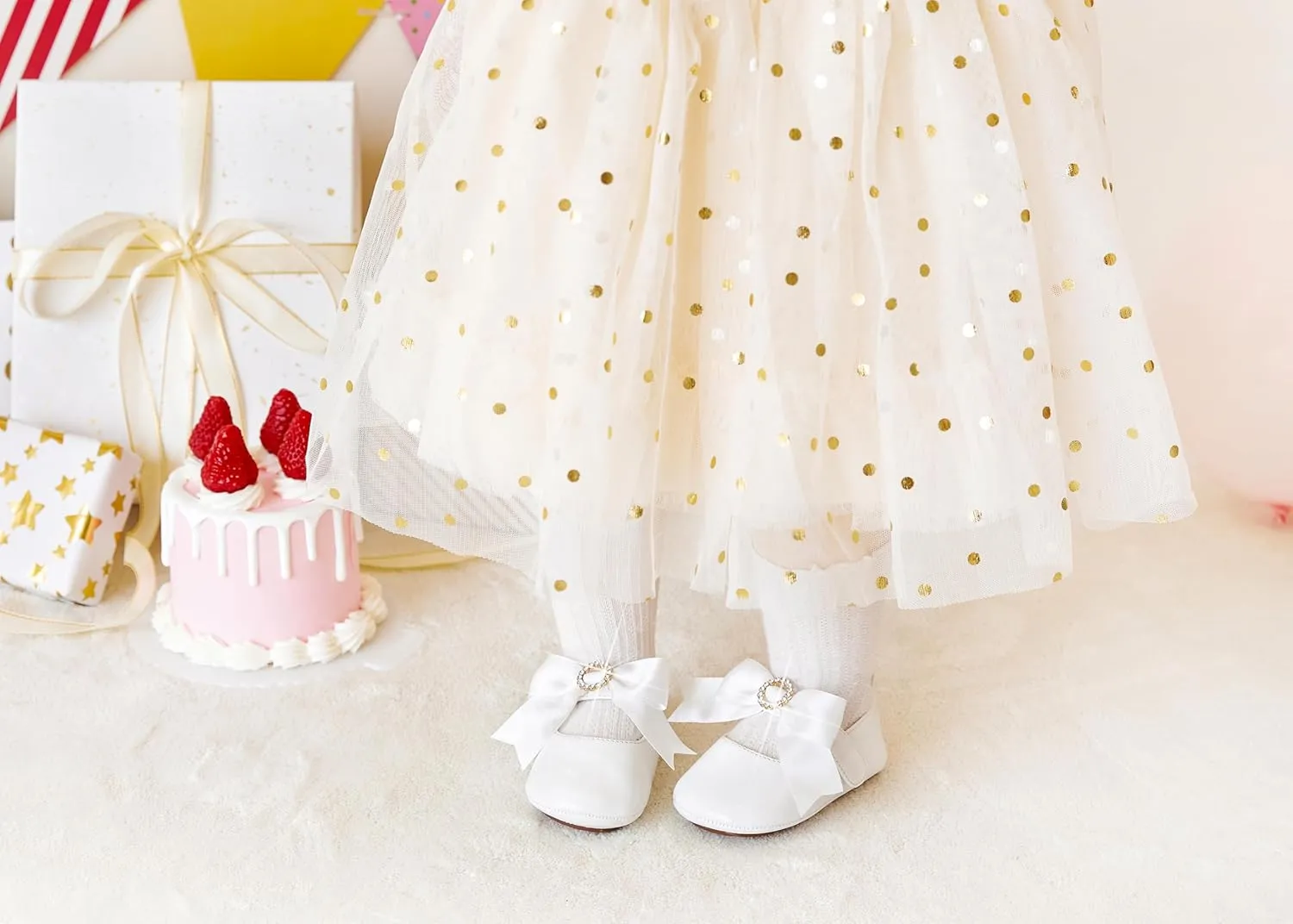 Baby Girls Mary Jane Flats - Infant Newborn Walking Shoes Soft Rubber Sole Princess Wedding