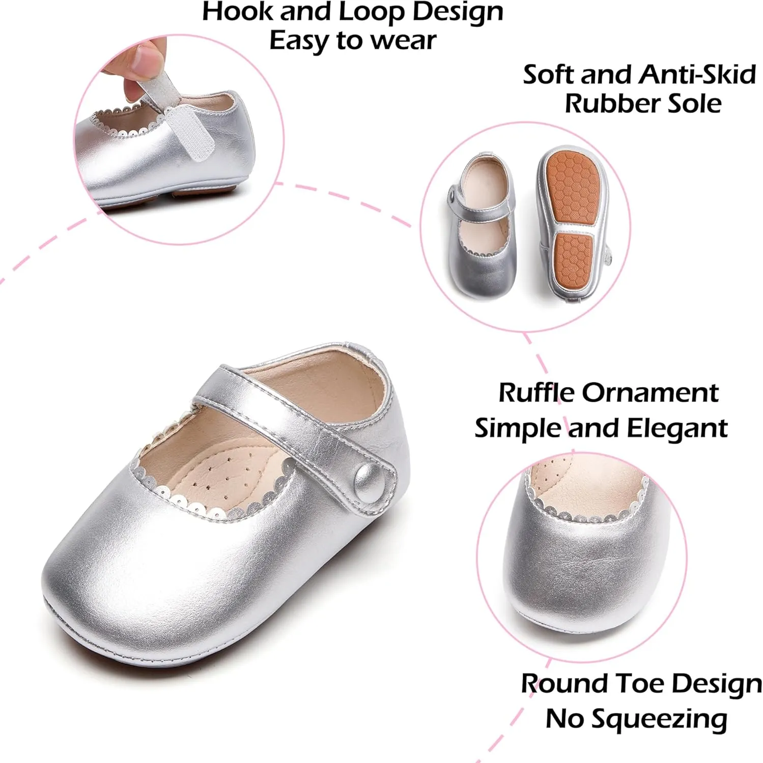 Baby Girls Mary Jane Flats - Infant Newborn Walking Shoes Soft Rubber Sole Princess Wedding