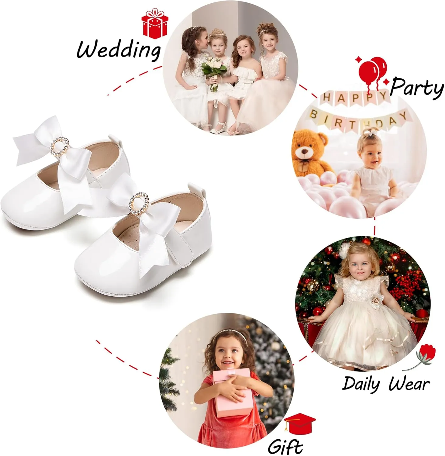 Baby Girls Mary Jane Flats - Infant Newborn Walking Shoes Soft Rubber Sole Princess Wedding